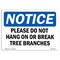 Signmission OSHA Notice, 5" Height, Please Do Not Hang On Or Break Tree Branches Sign, 7" X 5", Landscape OS-NS-D-57-L-17388 - alternate 1